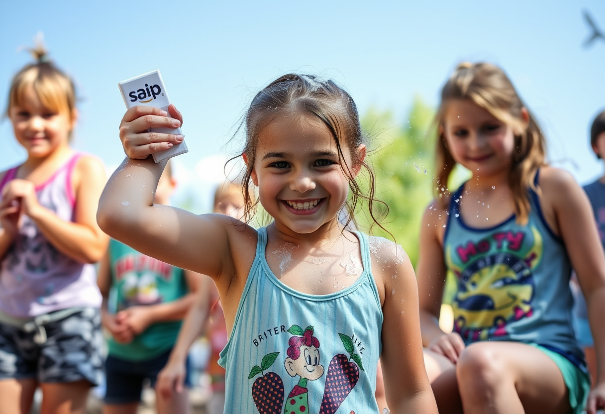 A bratty girl at summer camp playfully helps her best friend shampoo her hair. - Image