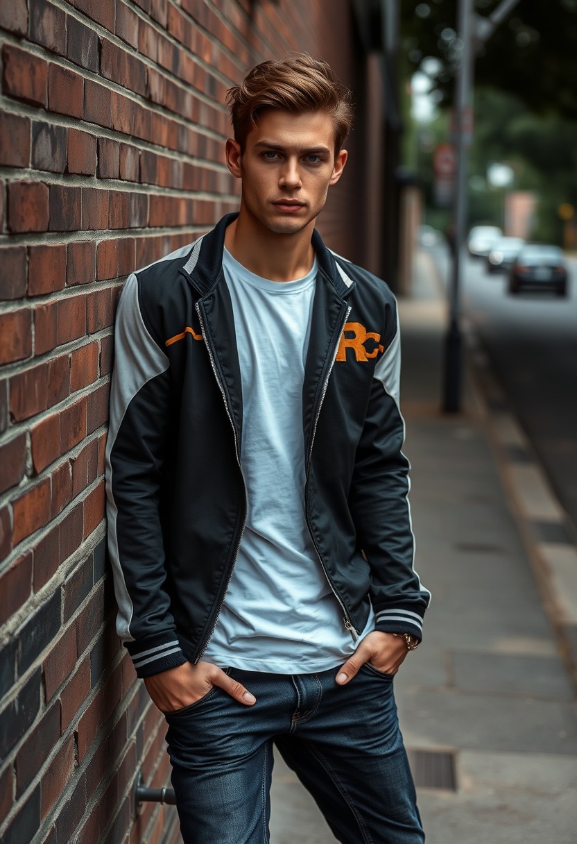 Jamie Dornan head and body shot, handsome, young, serious face, dark brown hair, white t-shirt, collage jacket, skinny jeans, sneakers, standing stylishly, flirting style, near town road, leaning against wall, hyper-realistic, street photography, brick wall, full body photo.