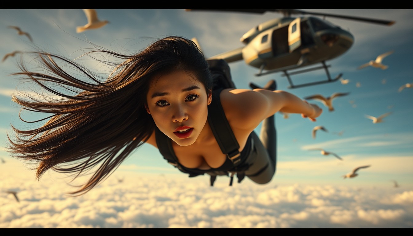 A cinematic image capturing a Japanese woman with long black hair, performing a dramatic dive from a helicopter into the vast open sky. The background features a breathtaking view of the sky filled with soaring birds, accentuating a sense of freedom and exhilaration. The woman's expression is focused and fearless, her hair flowing dramatically behind her as she dives. The helicopter is visible in the upper part of the frame, adding a touch of adventure and scale to the scene. The lighting is dynamic, highlighting the action and the expansive atmosphere. - Image