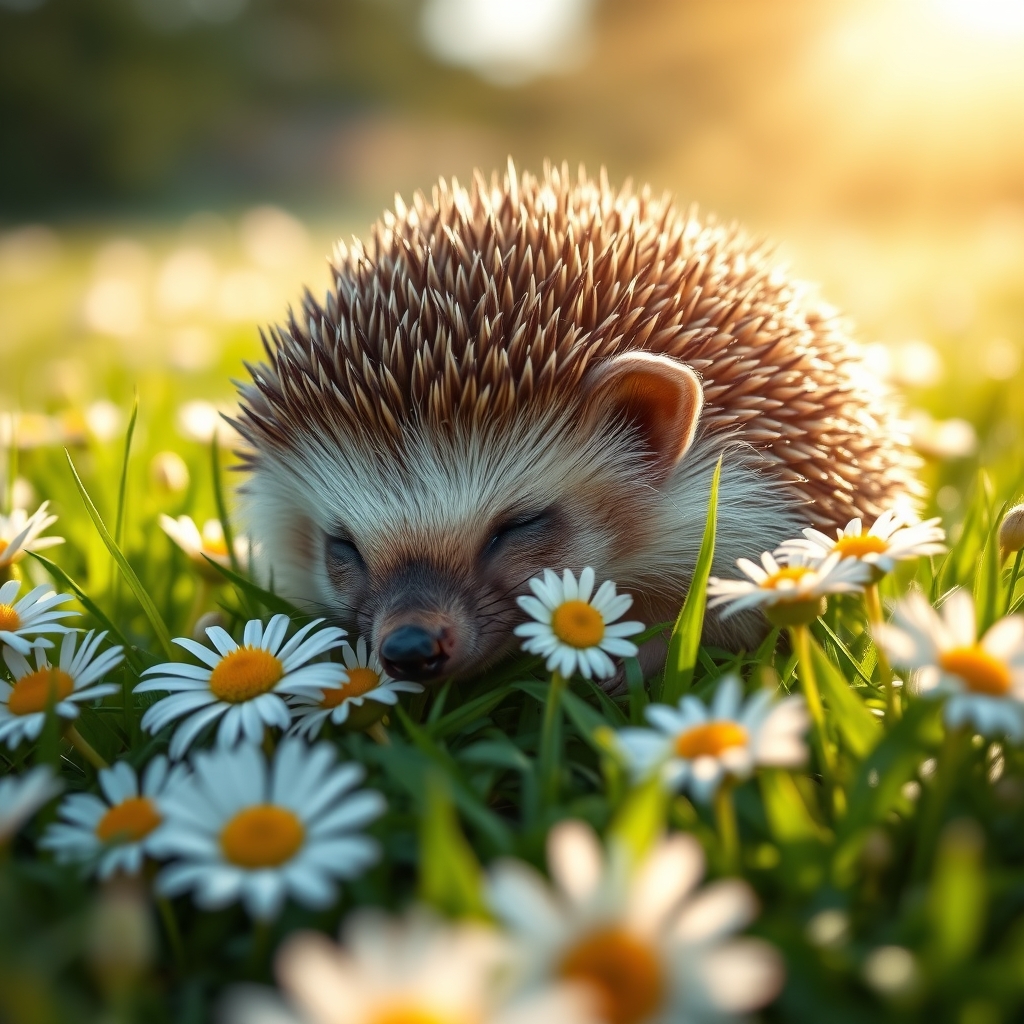 A cute hedgehog sleeping in a field of daisies with the sun shining through the grass. - Image