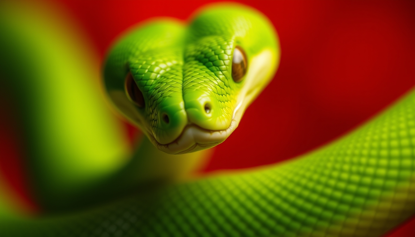 CloseUp of Vibrant Green Viper in Red Bokeh Background Highlighting Scales and Eyes - Image