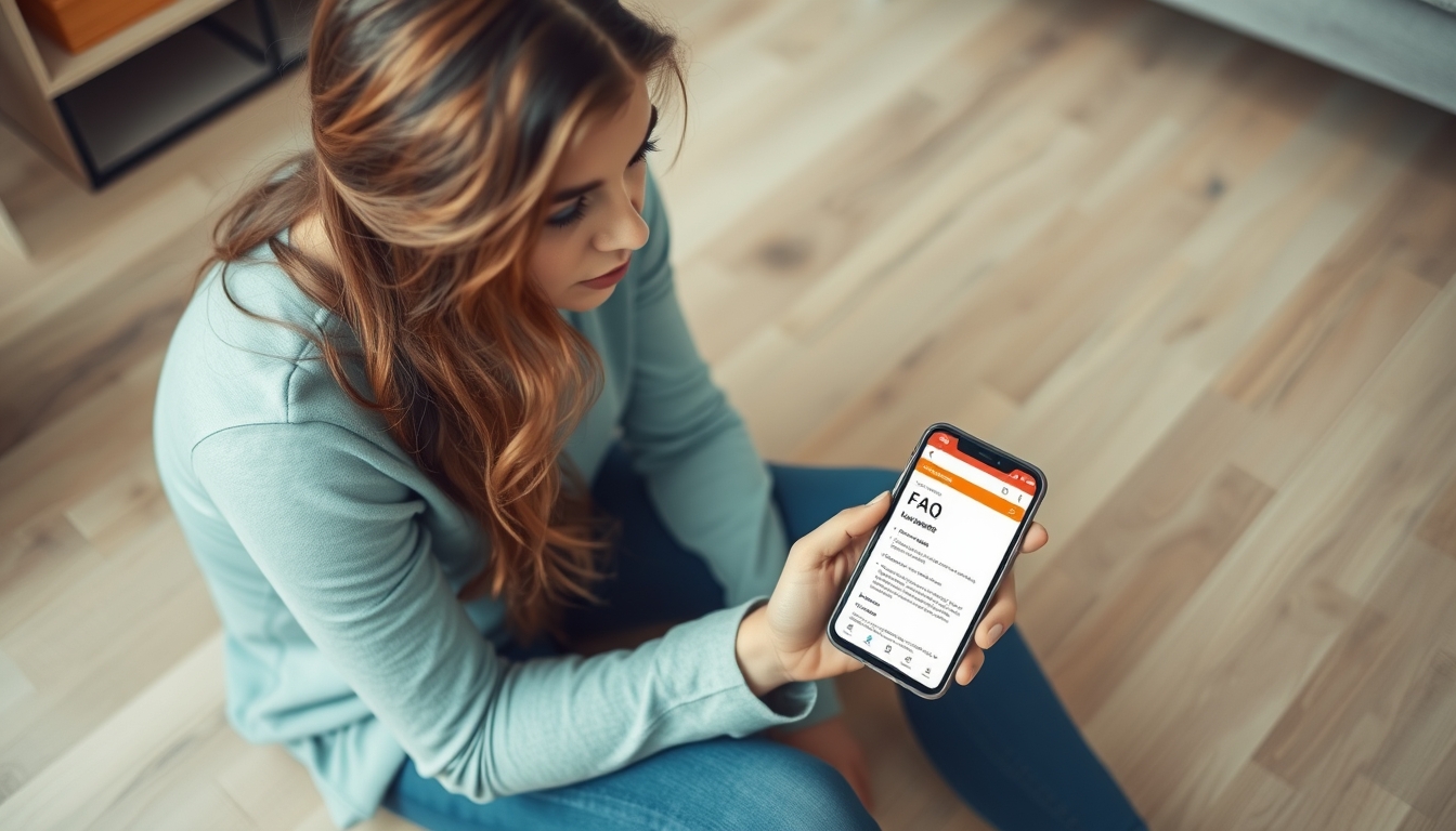 The woman is sitting on the floor, looking questioningly. The floor is laminate. She is viewing the FAQ page of LaminatDEPOT on her phone.