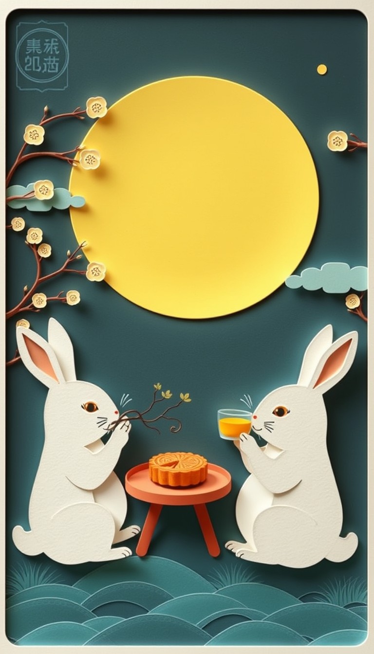 "Rabbits appreciate the moon, eat mooncakes and drink tea while enjoying the moon, paper carving effects, modern design."