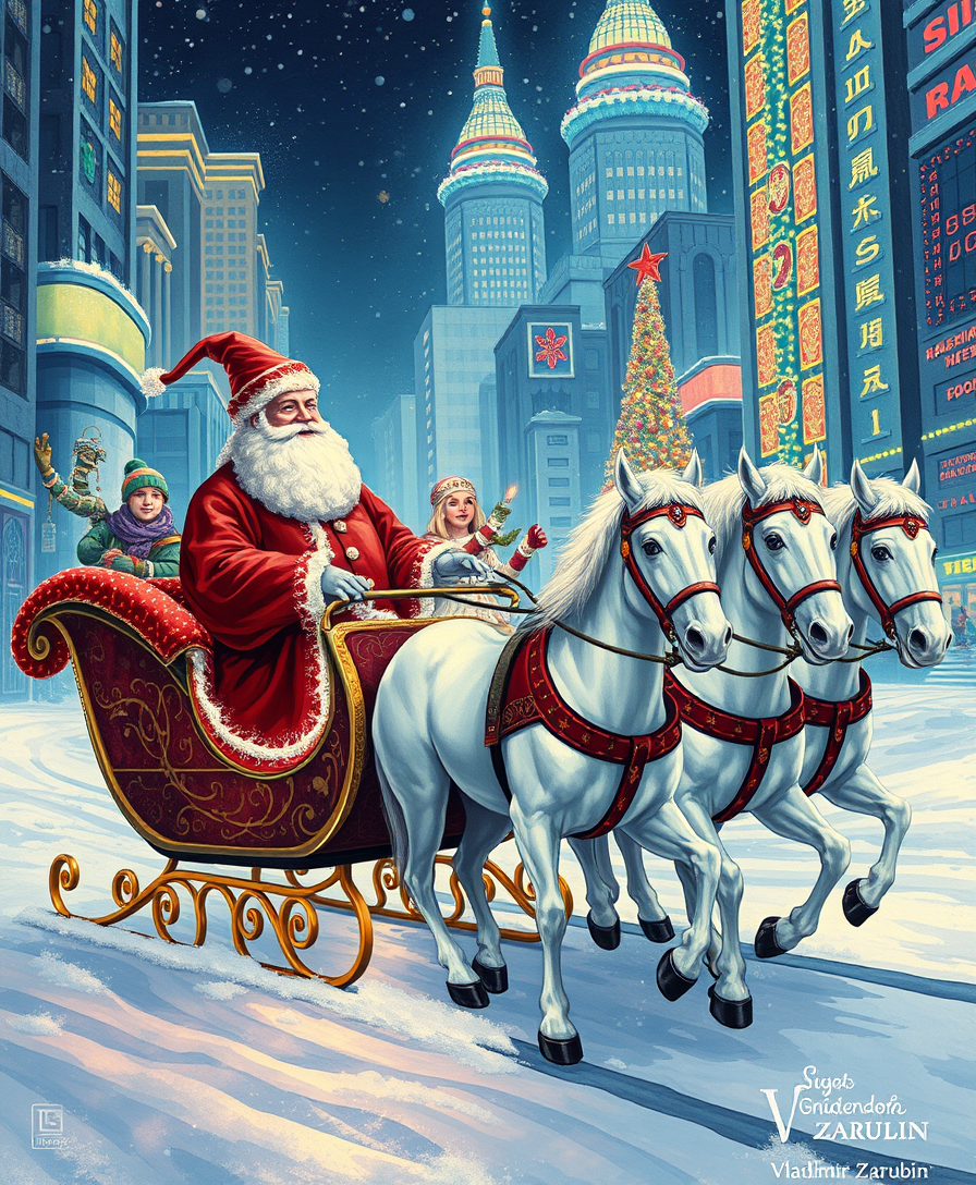 Russian Snow Grandfather rides in a festive sleigh with charming Snow Maiden, pulled by three white horses through a futuristic city decorated with Christmas lights. Illustration by Vladimir Zarubin.