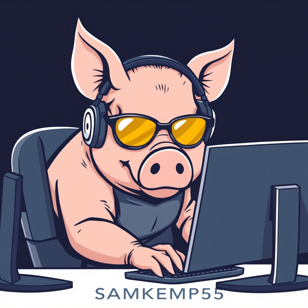 A tech-savvy porcine coder, donning retro yellow-tinted aviators and sleek noise-cancelling headphones, hunches over a cutting-edge curved multi-monitor setup. The anthropomorphic pig exudes focus, typing furiously. Design a minimalist logo for "SAMKEMP55", emphasizing clean lines and a futuristic feel. - Image