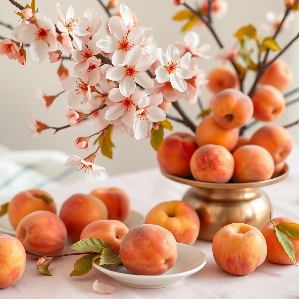 There are peach blossoms and peaches on the table, and the main colors are peach and gold pearl, autumn color tones, and I hope it has a rich autumn feel. There should be enough space on the left.