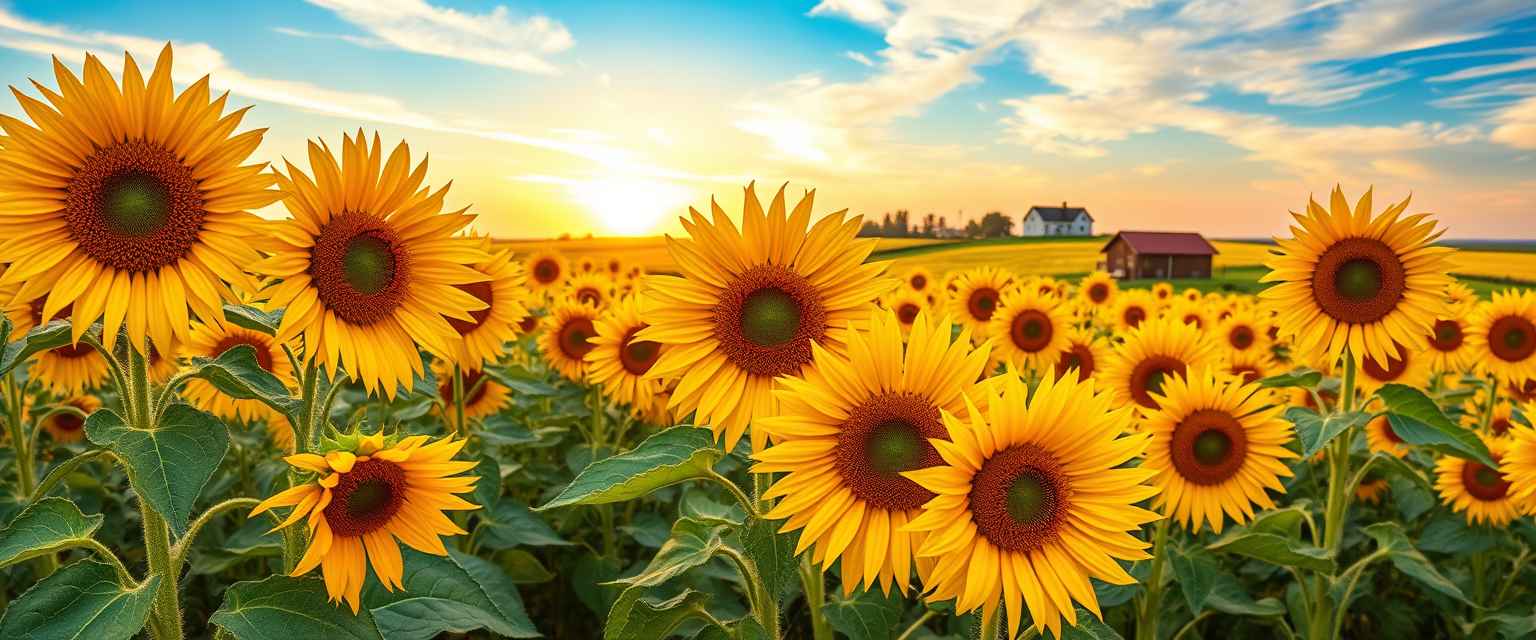 Vibrant, sunflower fields, golden blooms, high quality, photorealistic, summer, cheerful, idyllic, rural, panoramic, breathtaking, rural farmhouses, blue skies, windblown fields, sunset, floral arrangements.