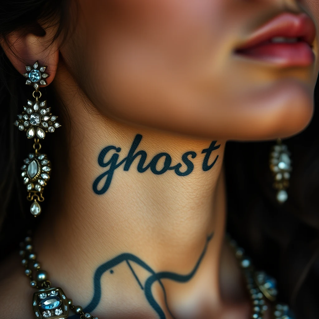 Close-up view of a tattooed neck of an Indian woman with beautiful facial features and blue eyes, with the word "ghost" written, wearing diamond ornaments.