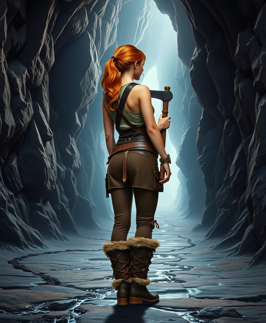 A fit young heroine, with caramel hair in a half ponytail, dressed in brown adventure attire, slim leather boots adorned with fur, and a large Viking two-handed war axe resting diagonally along her back, stands in the middle of a wide cave, facing away from the viewer. Dark blue navy shining crystals adorn the walls, while a pathway winds along the high walls and leads to an exit, where light shines through. A slight fog lingers in the cave, creating a medieval fantasy legendary atmosphere. - Image