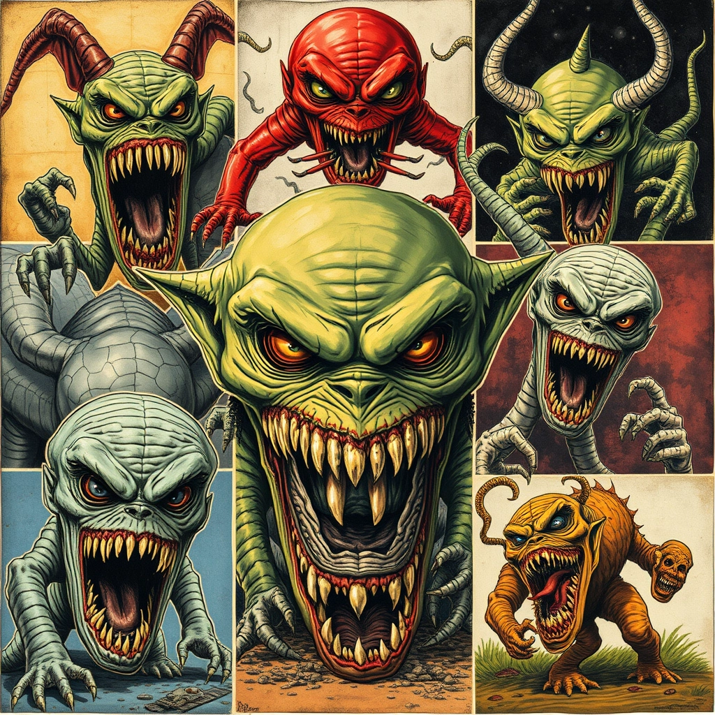 Collage of different weird and terrible monster illustrations.