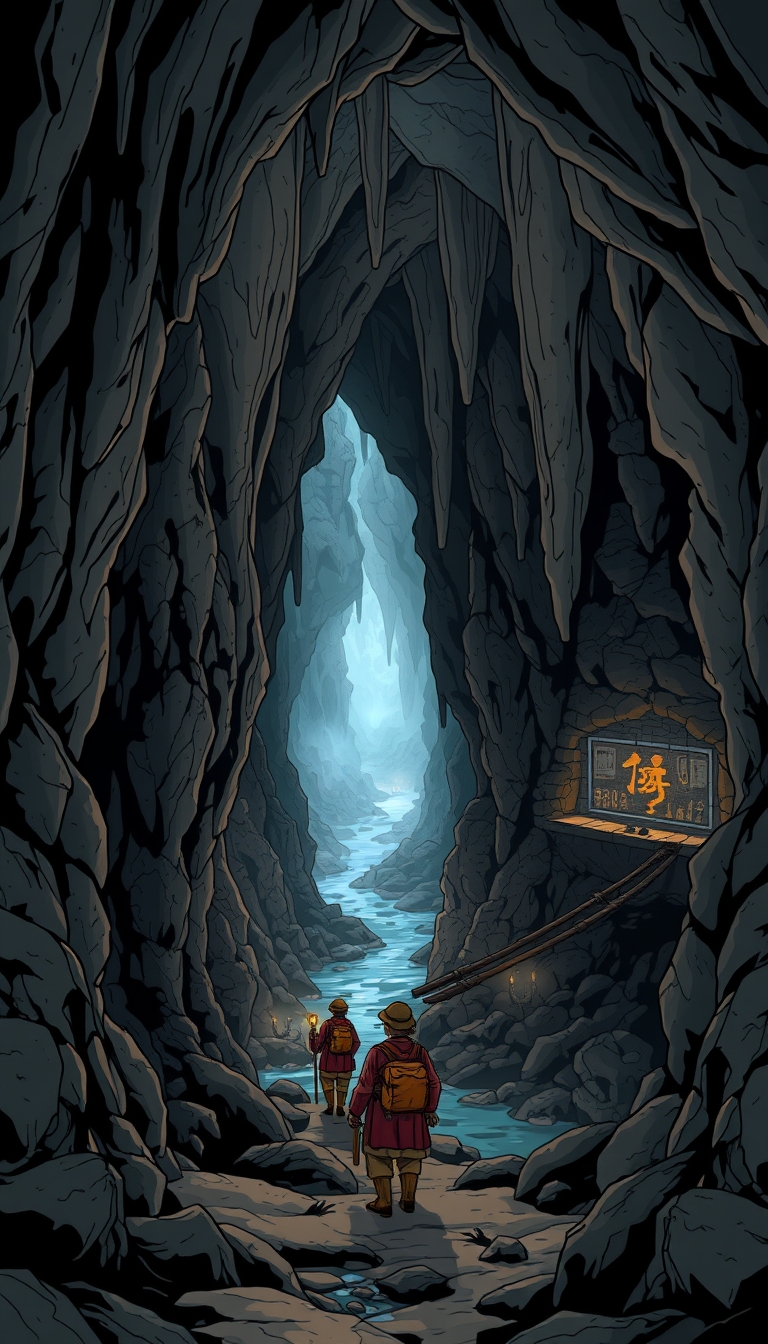 Mysterious Chinese cave with stalactites and stalagmites. Explorers in traditional attire with headlamps navigate narrow passages and chambers. Background includes underground rivers, mineral formations, and ancient cave paintings. 8K resolution, flat comic sketch style, dark colors. The scene is depicted in 8K resolution with a flat comic sketch style, graphic novel aesthetic, 2D effects, and drab painting style, emphasizing.