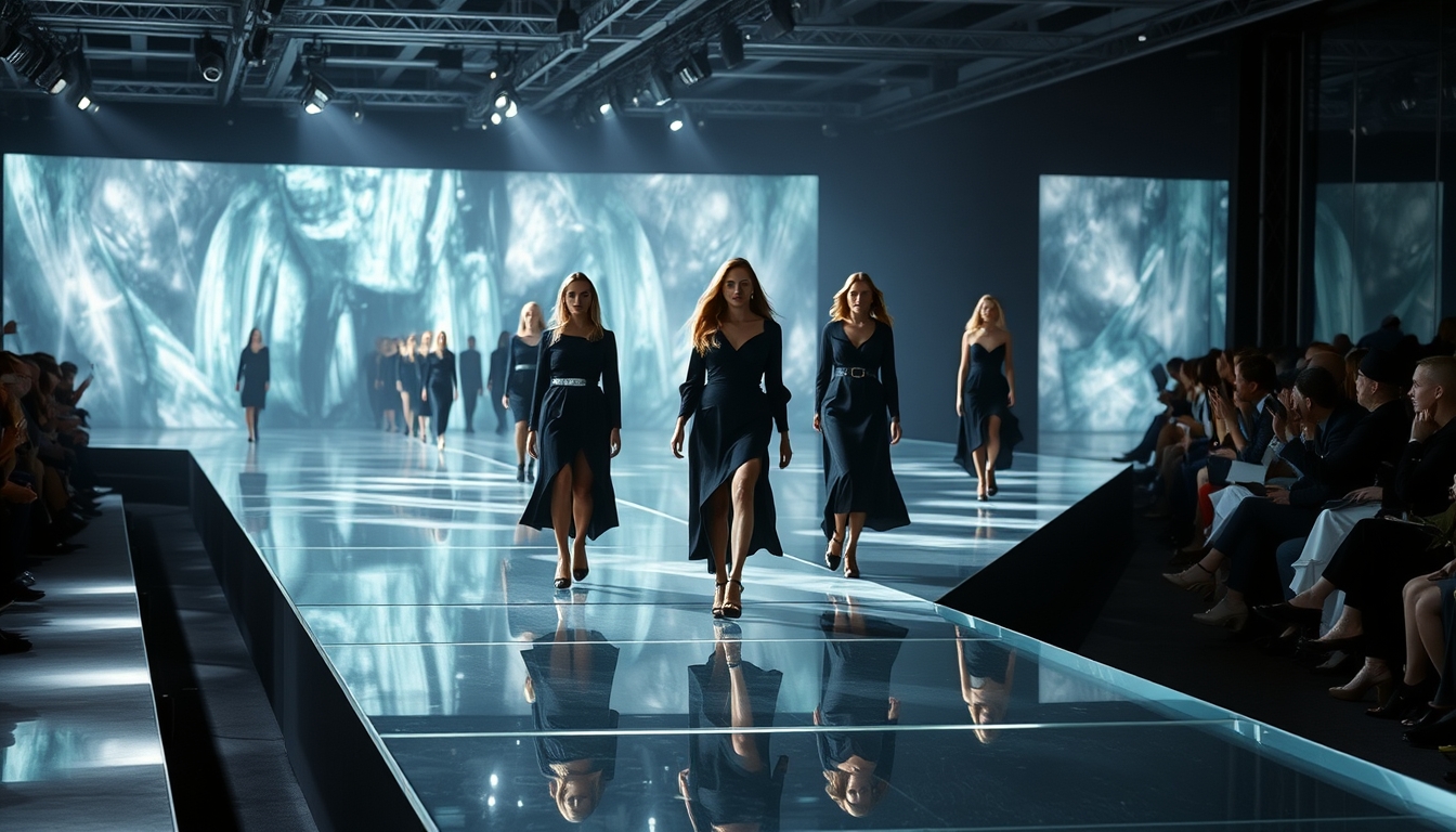 A high-end fashion show with models walking down a glass runway. - Image