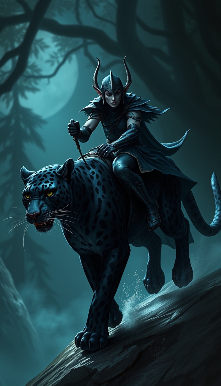 "Dark night elf riding a black leopard, realistic style, ultra-clear picture quality."