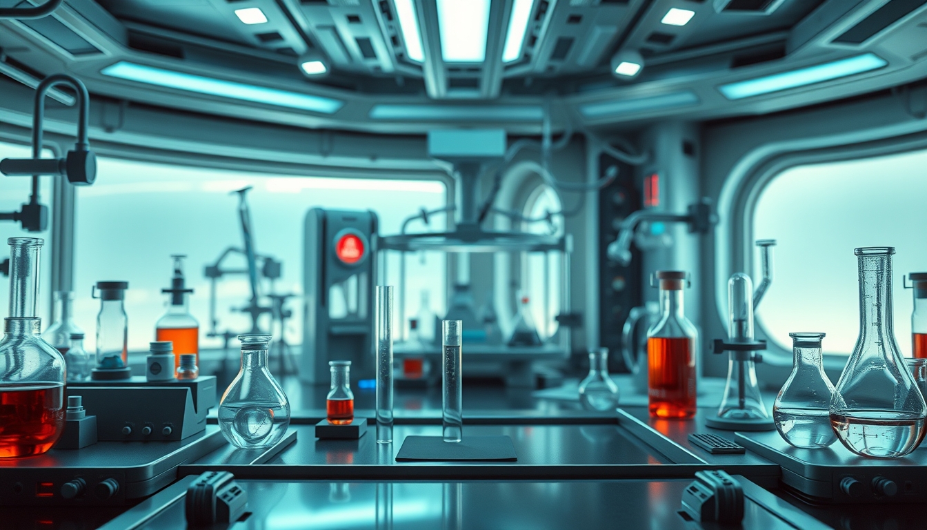 A futuristic laboratory with glass test tubes and advanced scientific equipment. - Image