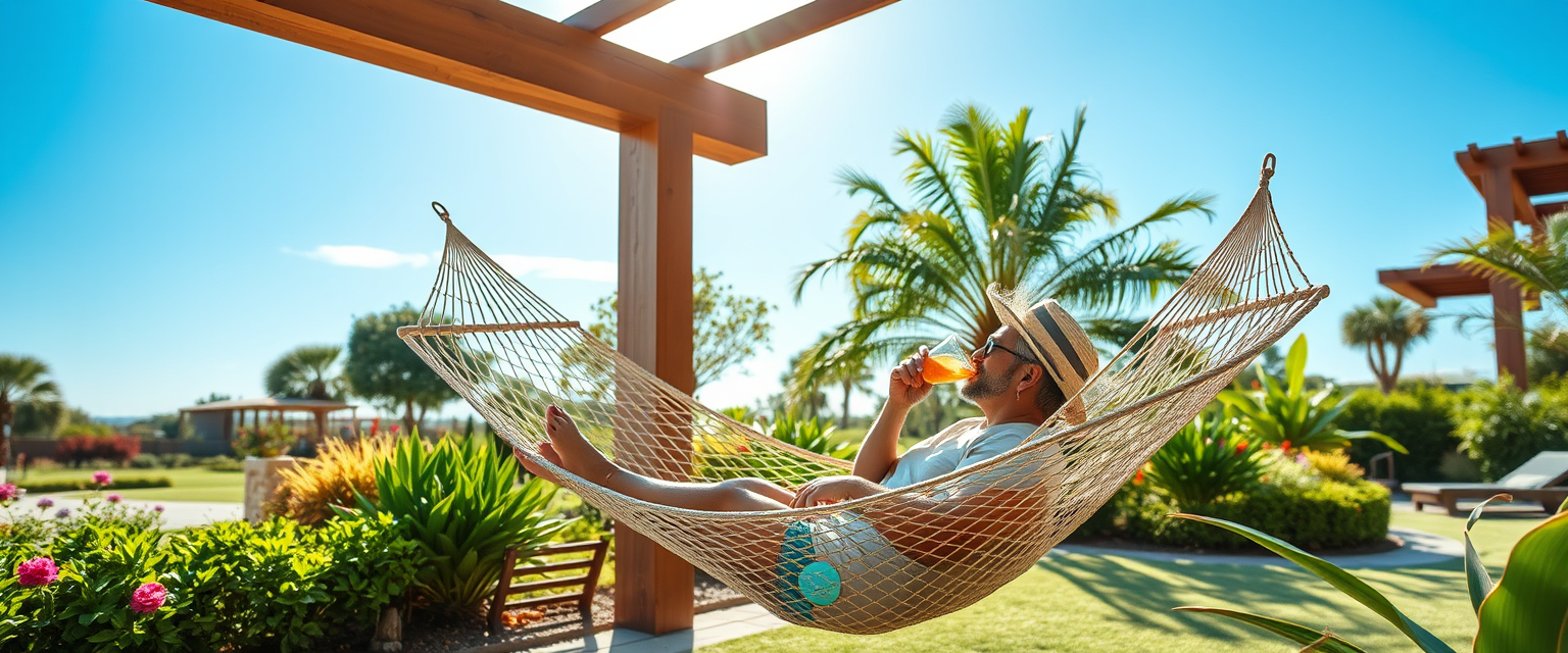 A person relaxing in a luxurious outdoor hammock, surrounded by a beautifully landscaped garden, sipping a refreshing drink, with a clear blue sky and gentle sunlight enhancing the scene. Created Using: natural look, detailed greenery, calming colors. - Image