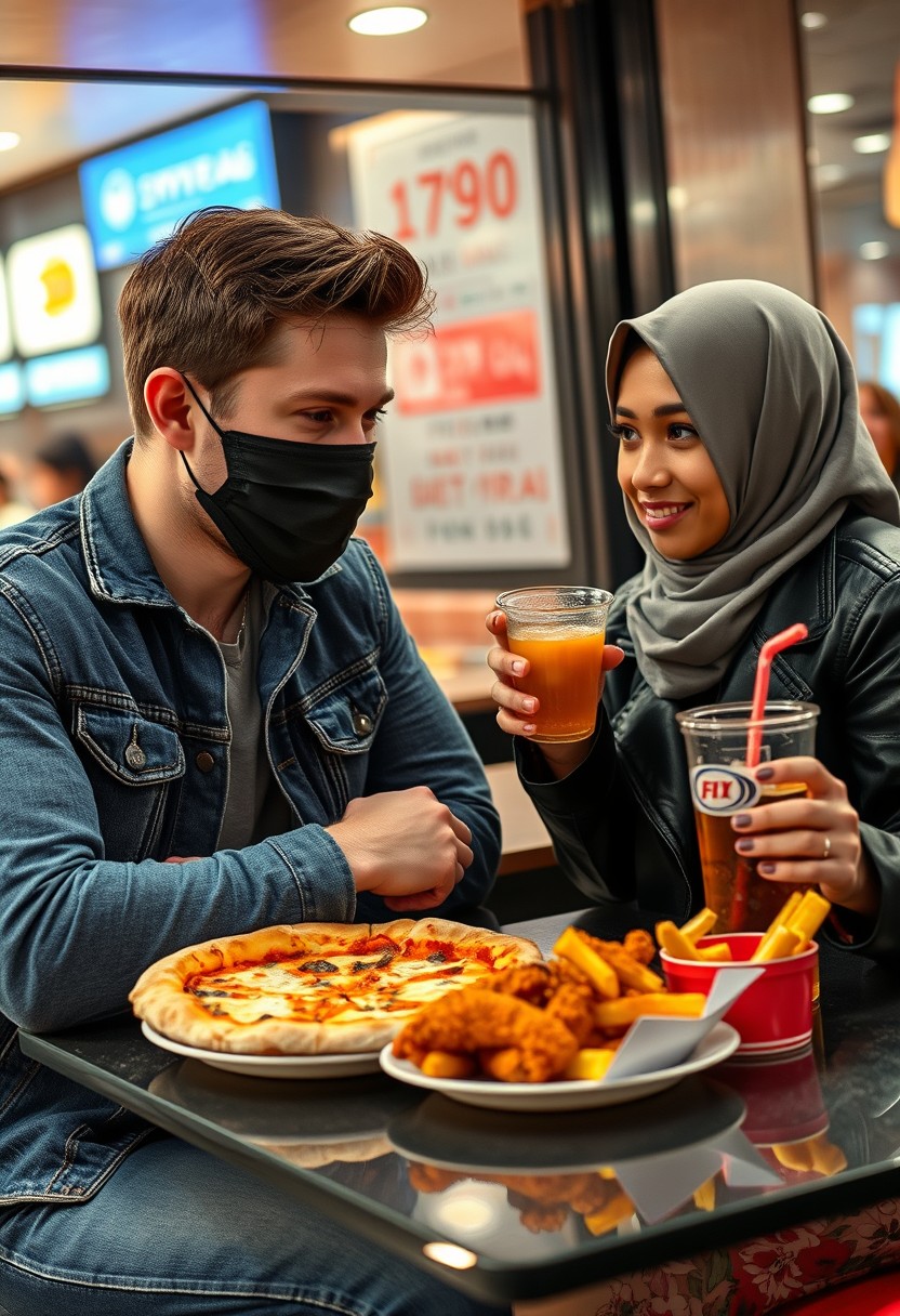 Jamie Dornan's head and body shot, handsome, young, black face mask, blue jeans jacket, jeans, dating a Muslim girl in a grey hijab with beautiful eyes, black face mask, black leather jacket, biggest floral skirt, at a hot pizza fast food restaurant, plate of cheese pizza slices, plate of Korean fried chicken and fries, glass of soft drink, eating with 3 other random smiling friends in the background, photorealistic, hyper-realistic, street photography.