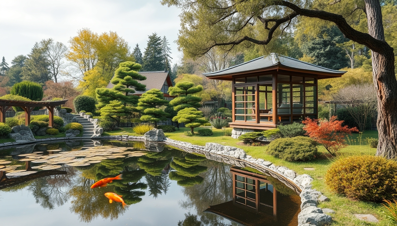 A serene Japanese garden with a glass teahouse overlooking a koi pond.