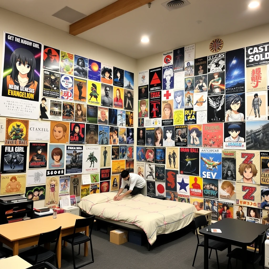 A large room with one wall covered in many posters, including a poster of "Film Girl" by Kawai Akira, a poster of "Neon Genesis Evangelion," a poster of "Dragon Ball," a poster of Asuka, and a poster of "Castle in the Sky." The room also has a bed and tables and chairs. There is a person in the room.