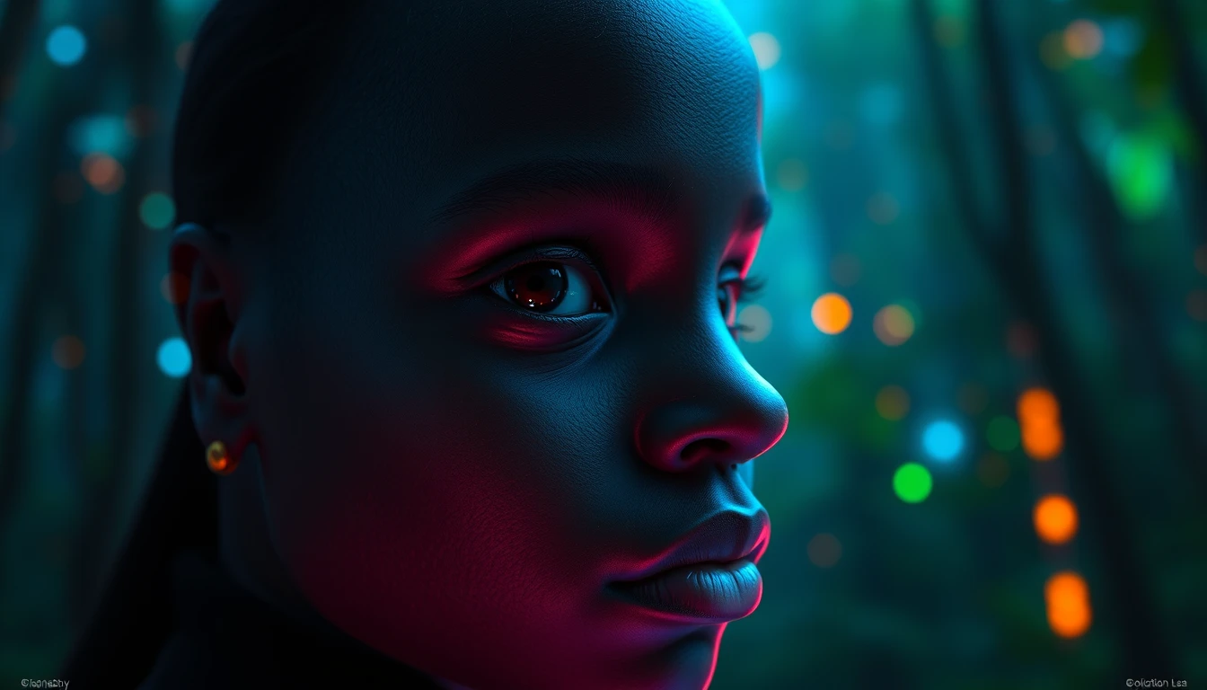 Portrait | wide angle shot of eyes off to one side of frame, lucid dream-like 3D model of Rwandan girl, game asset, Blender, looking off in distance ::8 style | glowing ::8 background | forest, vivid neon wonderland, particles, blue, green, orange ::7 parameters | rule of thirds, golden ratio, asymmetric composition, hyper-maximalist, octane render, photorealism, cinematic realism, Unreal Engine, 8K ::7 --ar 16:9 --s 1000