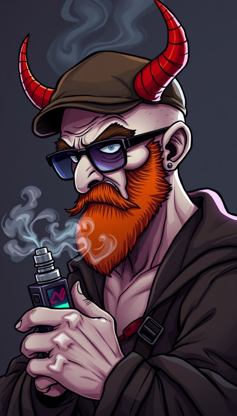 Three-quarter view of a sinister, bald cartoon human male with necromancer lich features. Demonic horns, short fiery ginger beard contrasts with dark eyebrows. Wears a weathered flat cap and aviator glasses. Clutches a sleek vape mod, exhaling dense, swirling vapor clouds. Vibrant e-liquid drips off his pale skin, creating a colorful aura.