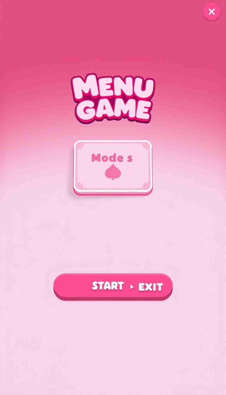 A menu screen of a 2D game, a card in the middle which will indicate the selected mode, a soft background, pink and white color palette, start and exit buttons, coins count.