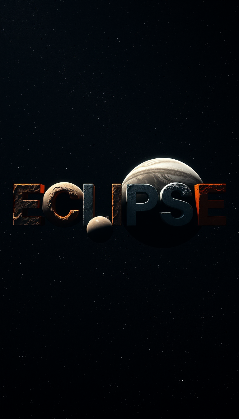 Main Character: The word "ECLIPSE" formed by a unique arrangement of terrestrial and gas planets. Each letter is represented by a different planet, carefully positioned to create the overall word. The terrestrial planets, representing the letters E, C, L, I, P, and S, are depicted with rocky surfaces, craters, and varying atmospheric conditions. The gas giant, representing the letter E, is depicted with swirling clouds and a prominent ring system.  
Background: The vast expanse of space serves as the backdrop, filled with distant stars and galaxies. The blackness of space provides a stark contrast to the vibrant colors of the planets, making them stand out prominently. Nebulae and distant galaxies add depth and visual interest to the background, showcasing the immensity and beauty of the cosmos.  
Visual Style: The visual style should be hyperrealistic, resembling a photograph captured by a powerful space telescope. The planets should be depicted with intricate detail, showcasing their unique features and atmospheric conditions. The lighting should be realistic, with the planets illuminated by a nearby star, casting shadows and highlighting their three-dimensional forms. The overall tone should be one of awe and wonder, inspiring a sense of curiosity about the vastness and mysteries of the universe.