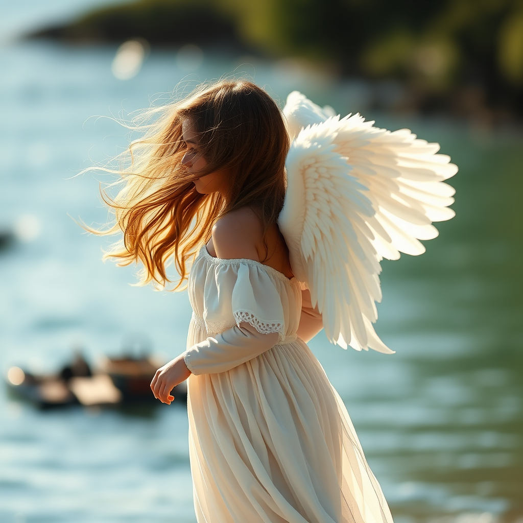 girl angel, wind wave long hair, spread big wings on the back, full body, side view, side lighting, background bokeh, Super realistic, film look, Emerald Beach