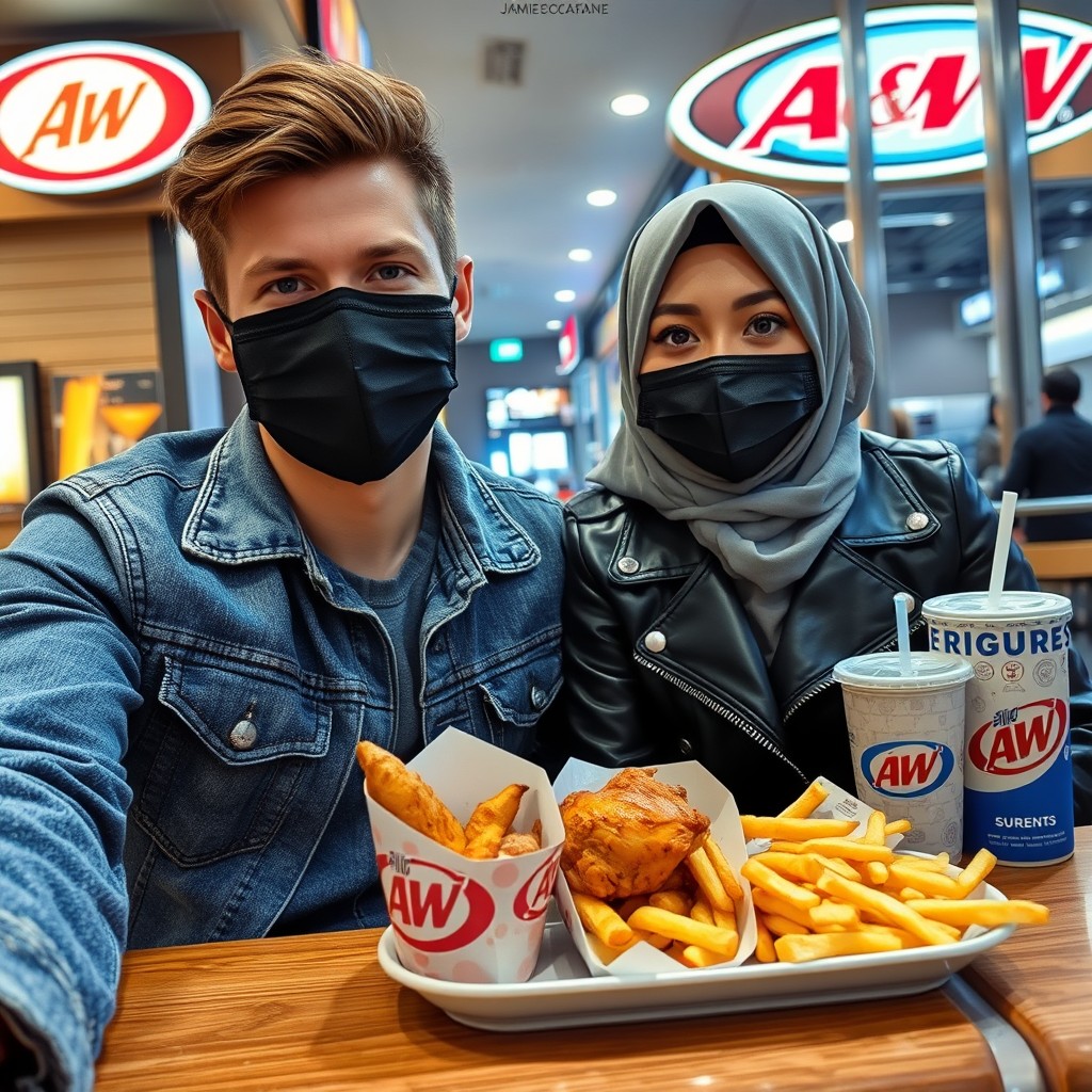 Jamie Dornan's head and body shot, handsome, young, face mask black, blue jeans jacket, jeans, dating love with a grey hijab Muslim girl, beautiful eyes, face mask black, black leather jacket, biggest floral skirt, at an A&W fast food restaurant, plate of Korean fried chicken, 2 cups of fries, soft drink A&W, photorealistic, hyper-realistic, street photography, selfie.