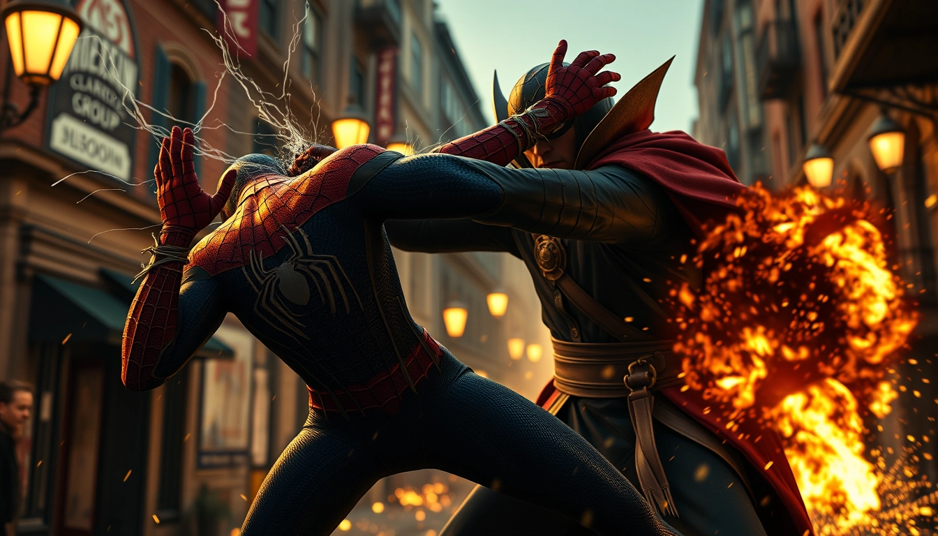 Spiderman fighting Doctor Strange, lighting, sparks, fire, destruction, streets, cinematic lighting, full body shot, quality, art style of Vincent Van Gogh. - Image