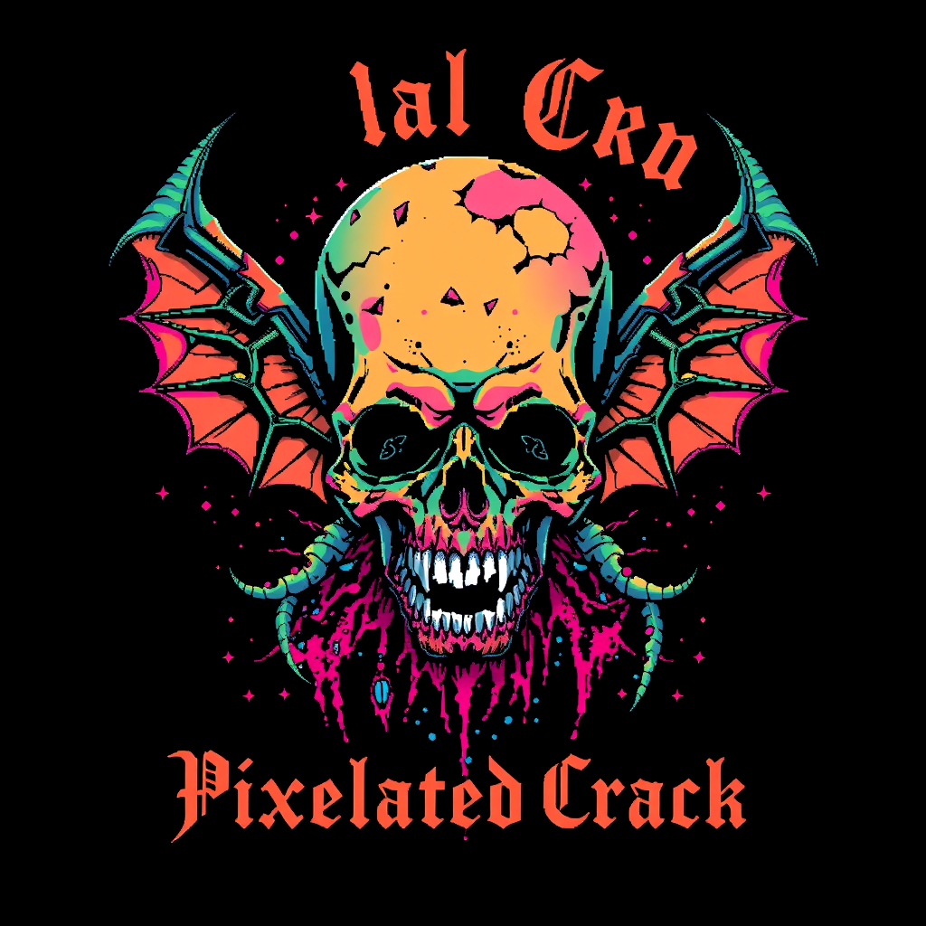 T-shirt design with a blocky colorful 8-bit style of a death metal band blended with chiptune. And the visual should be unique and striking but macabre blended with beauty, and the band name is "Pixelated Crack". - Image