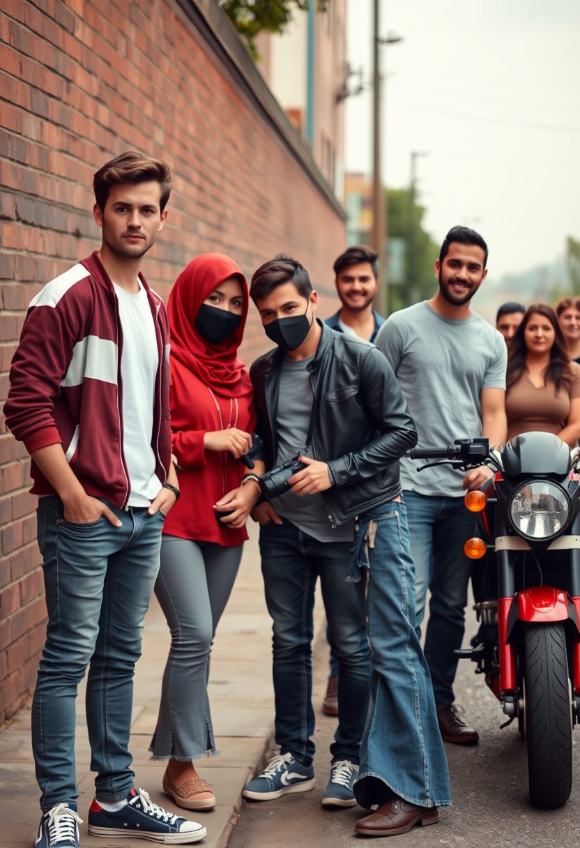 Jamie Dornan and Freddie Prinze, head and body shot, handsome, young, serious face, dark brown-haired, white t-shirt, college jacket, skinny jeans, sneakers, standing, discussing with two guys and a short slim Muslim girl in a red hijab, beautiful eyes, black face mask, black leather jacket, grey long t-shirt, bell-bottom jeans, holding a DSLR Canon camera, near a town road, superbike, hyper-realistic, street photography, brick wall, full body photo, with five other friends smiling in the background.