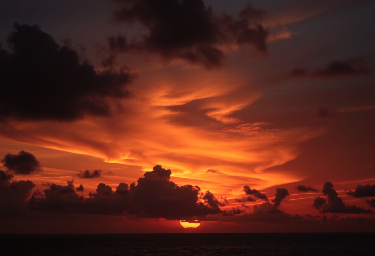 Dramatic, fiery sunset, clouds, silhouettes, high quality, photorealistic, evening sky, reflection, serene, seashells.