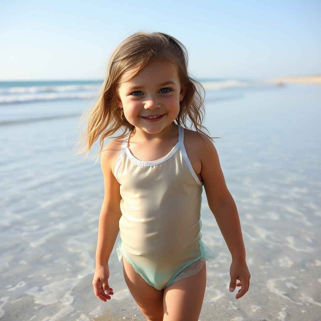 cute little girl on the beach in clear plastic swimsuit - Image