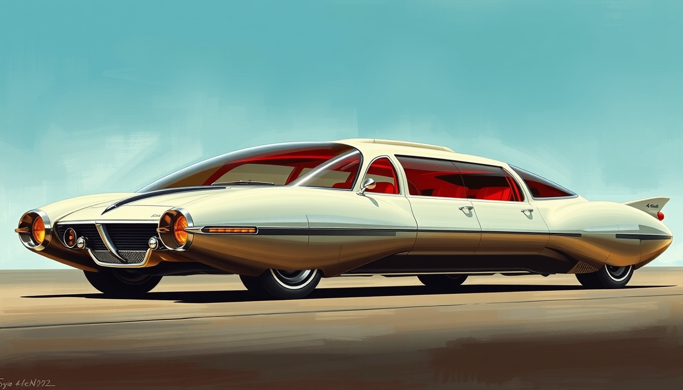 A futuristic exotic limo concept, a painting by Syd Mead, 4k, detailed, circa 1972. - Image