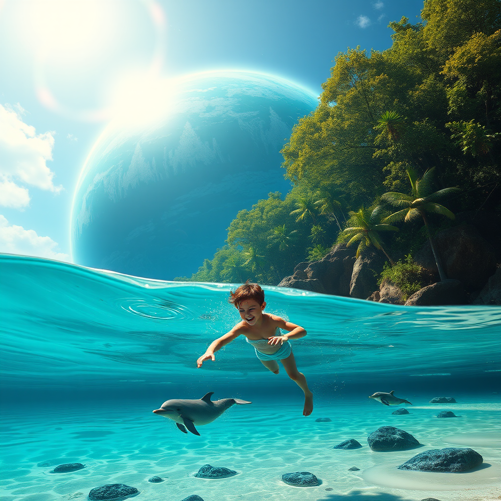 mass effect, Palaven turian planet, blue clear sea, beach, forest, kid swimming with dolphin - Image