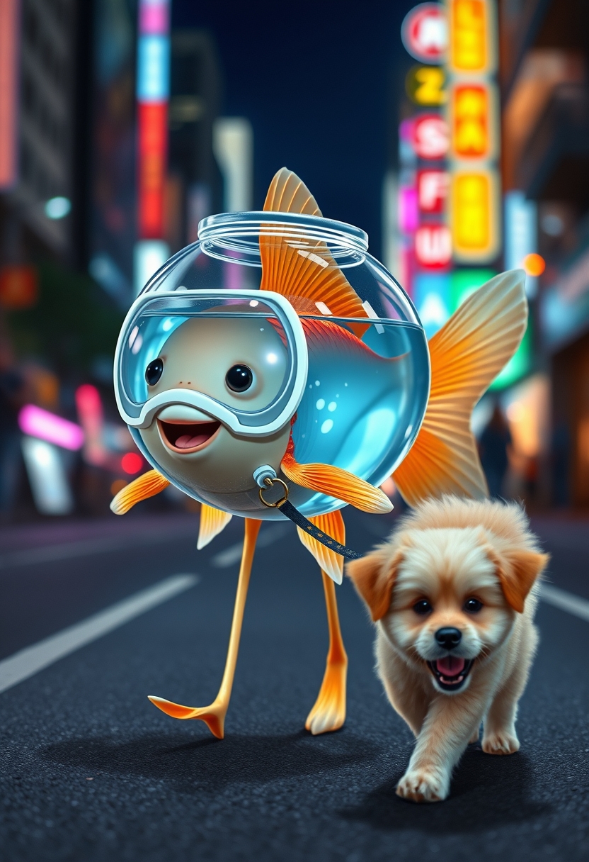 A cute, happy goldfish wearing a fish bowl as a breathing mask (half filled with water) is walking a cute dog on a leash in the streets at night, with colorful city lights, happily laughing, mouth open, cute face, walking on fins (no legs), fluffy dog in front, silly walk, ultra realistic, realism.