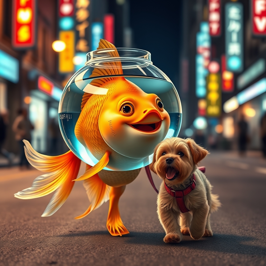 A cute happy goldfish wearing a fish bowl as a breathing mask (half filled with water) is walking a cute dog on a leash in the streets at night, colorful city lights, happily laughing, mouth open, cute face, walking on fins (no legs), fluffy dog in front, silly walk, ultra-realistic, realism.