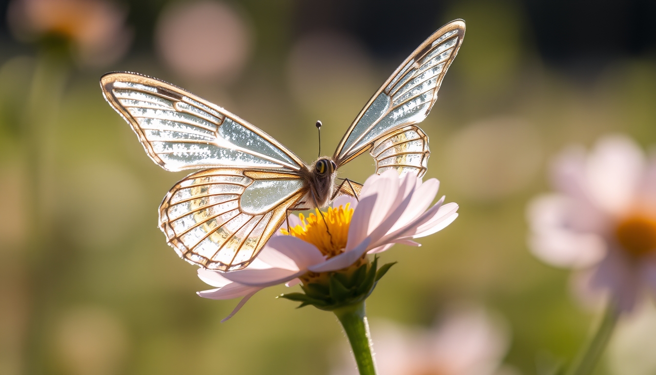 A delicate glass butterfly perched on a blooming flower, catching the sunlight. - Image