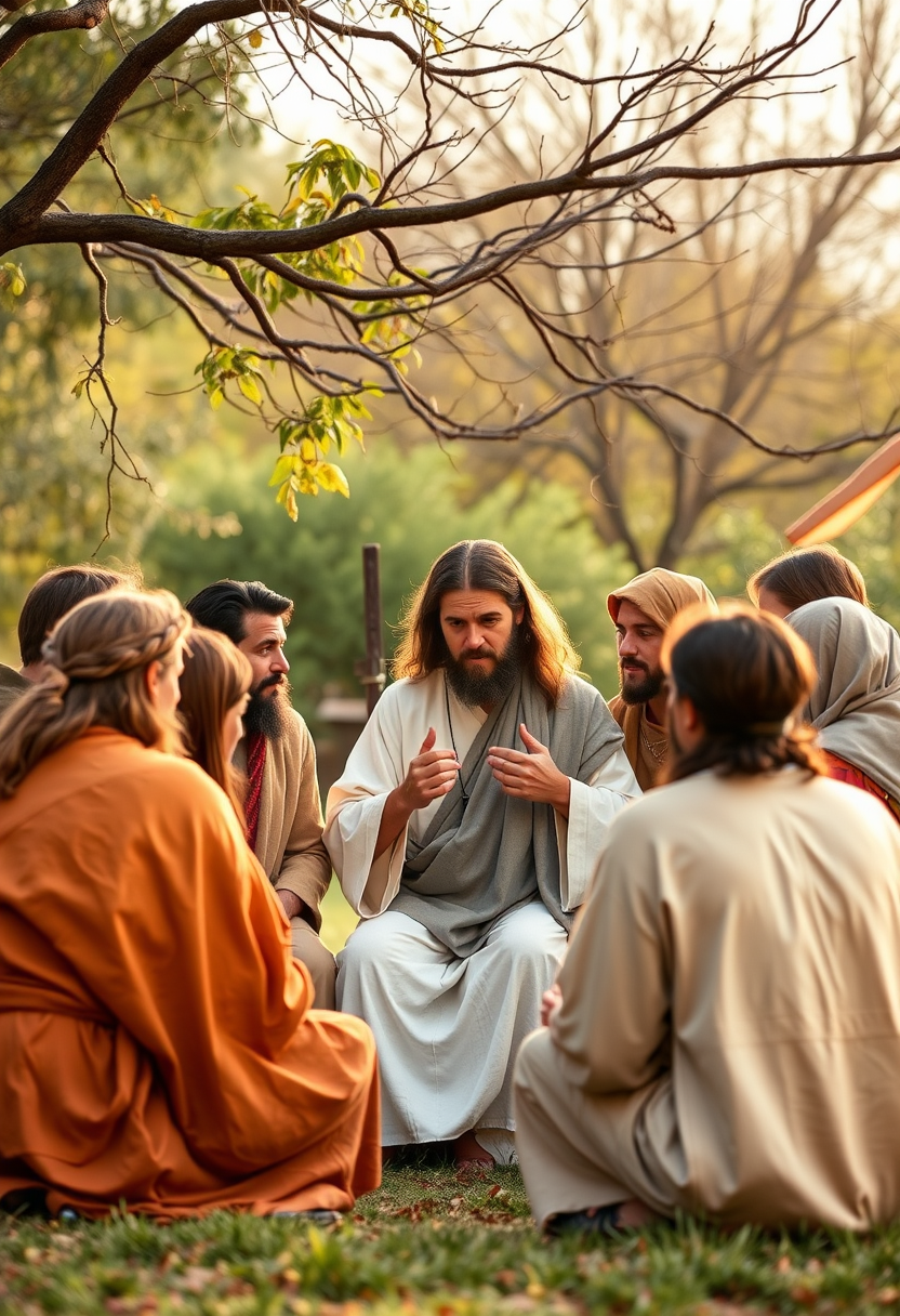 Create an image of Jesus with his twelve disciples, sharing a moment of teaching and fellowship in a serene outdoor setting.