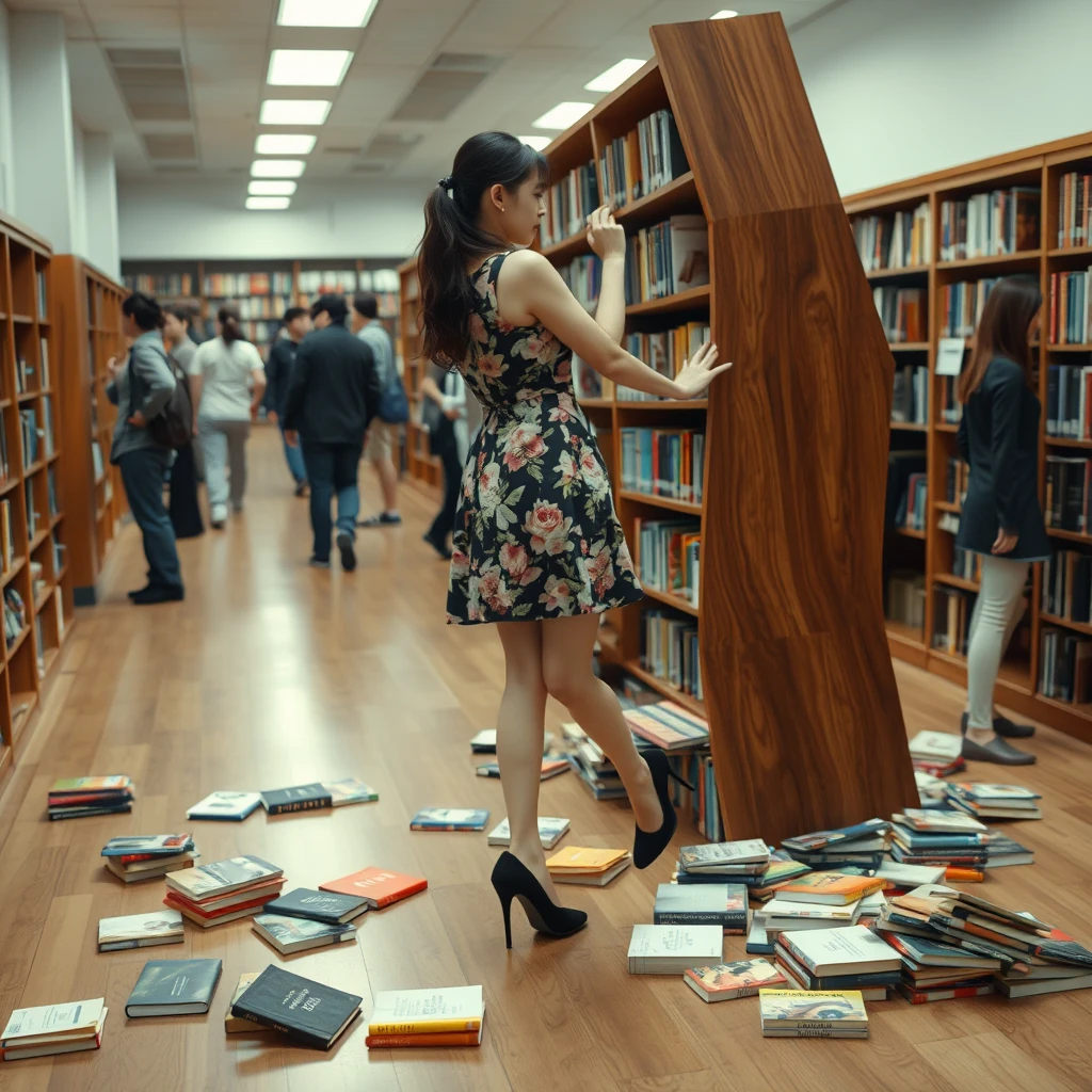 In the library, there is a young Japanese woman wearing a floral dress and black high heels (with white skin) who has knocked over a bookshelf. The bookshelf has fallen down, and books are scattered on the floor. There are many people in the library.