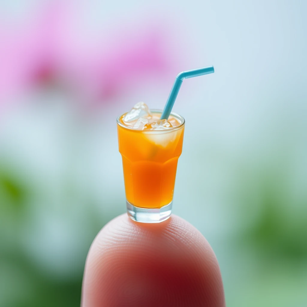 Extreme close-up macro photography depicting an extremely tiny miniature cup of orange juice, with ice and a straw, standing on a finger. - Image