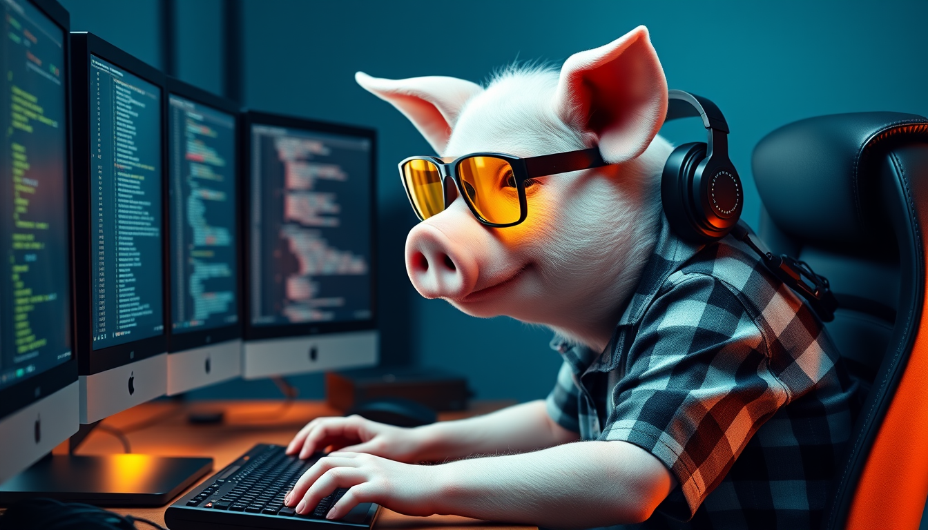 A tech-savvy pig coder, wearing yellow-tinted glasses and sleek noise-cancelling headphones, hunches over a cutting-edge multi-monitor setup. The anthropomorphic pig exudes focus, typing furiously while dressed in a plaid t-shirt. - Image