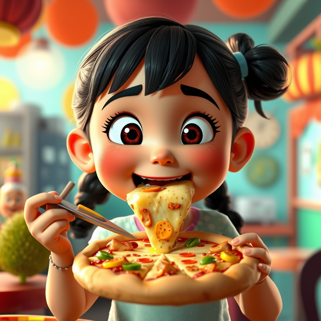 Pixar style, young girl enjoying a Pizza Hut pizza with a mouth full of durian, vibrant and playful animation, cheerful expression, colorful and whimsical setting, expressive eyes, detailed facial features, animated food particles, dynamic and engaging pose --ar 16:9 --v 5.0 - Image