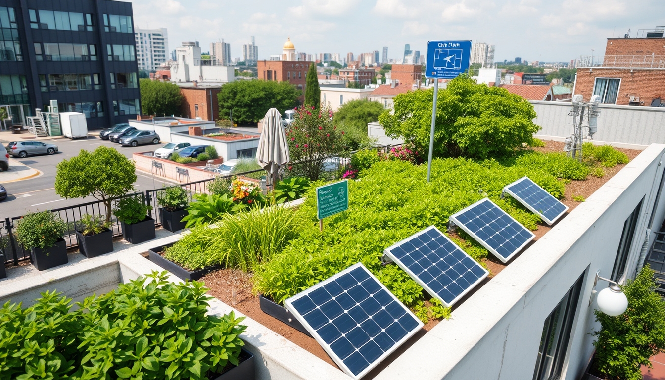 Urban rooftop gardens with solar panels, illustrating sustainable living. - Image