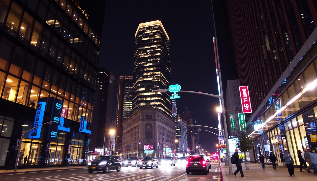 A vibrant city street at night, with reflections in the glass windows of skyscrapers. - Image