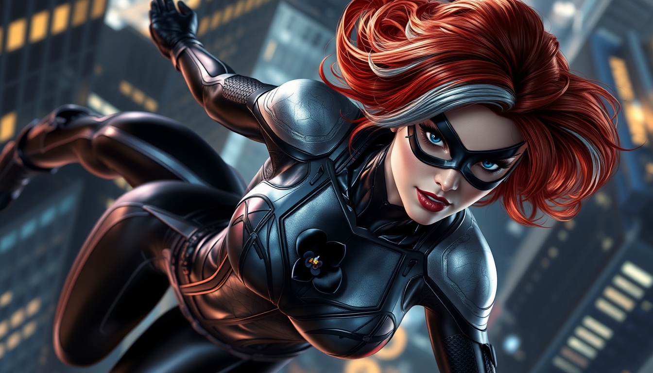 I had an AI generate an image of a superhero, and I think the results are pretty cool! It's a picture of a redheaded superheroine with a grey streak in her hair. She's wearing a black and silver metallic spandex outfit with a black orchid embedded on her chest plate. She's swinging through the city at night in a dynamic fashion. The details are impressive, and the overall effect is both eye-catching and realistic. I think she would make a great superhero in a comic book or movie! - Image