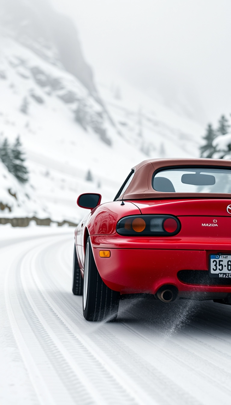 Create an image of a red 1991 Mazda mx5 drifting on a snowy mountain road. Without numberplate. - Image