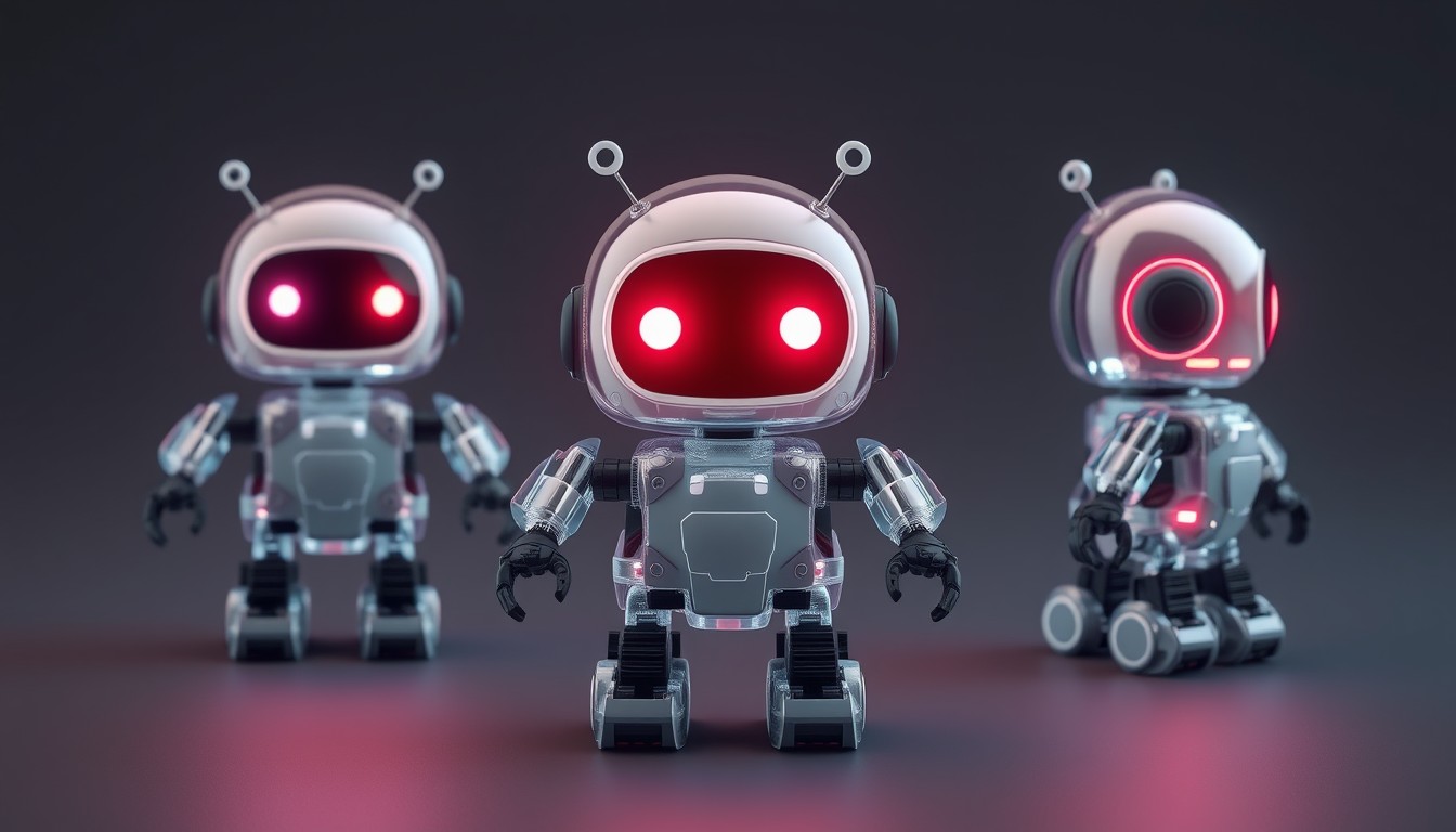 Cute aesthetic, a (tiny cute translucent polycarbonate robot) with an LED screen face, emoticon, stunning unreal engine render, intricate details, Three views, Simple Background. - Image