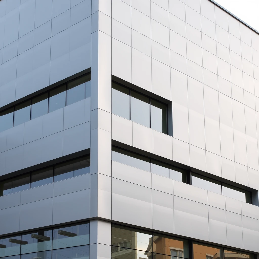 The office building has a varied form, ranging from 2 to 5 stories. The facade features horizontal silver-gray metal lines, with dimensions of 100mm x 400mm.