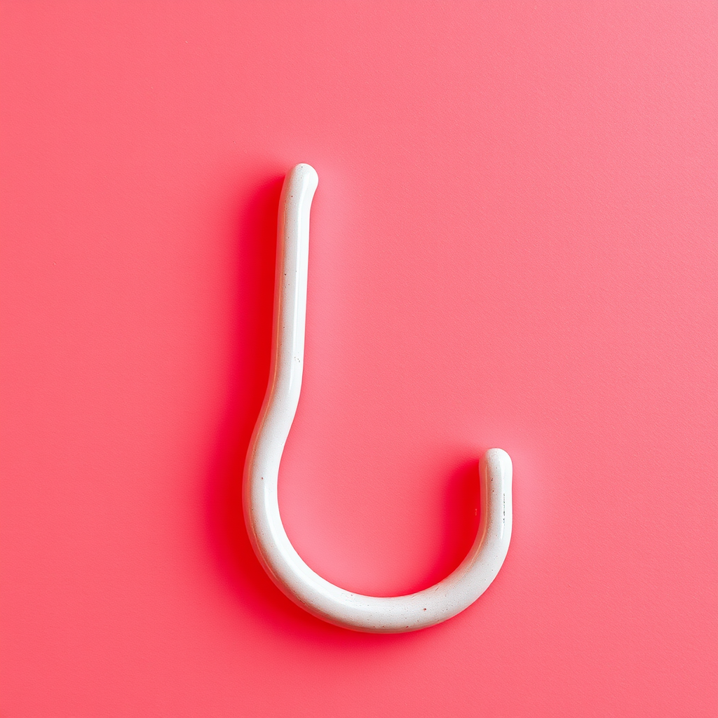 'A letter "G" made of hook on a light red background, realistic photograph' - Image